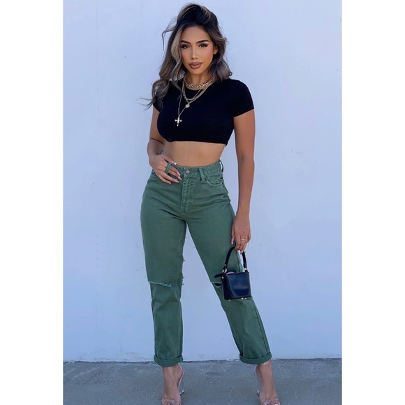 High Waisted Ripped Mom Jeans - Olive - Picture 5 of 7